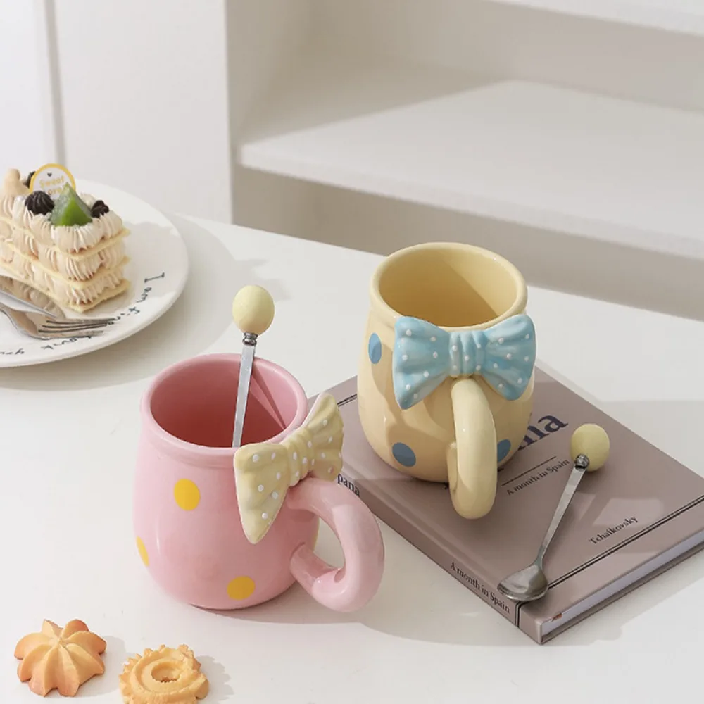 

350 мл керамические кружки, портативные термостойкие кофейные чашки с бантом, чашка для напитков для девочек