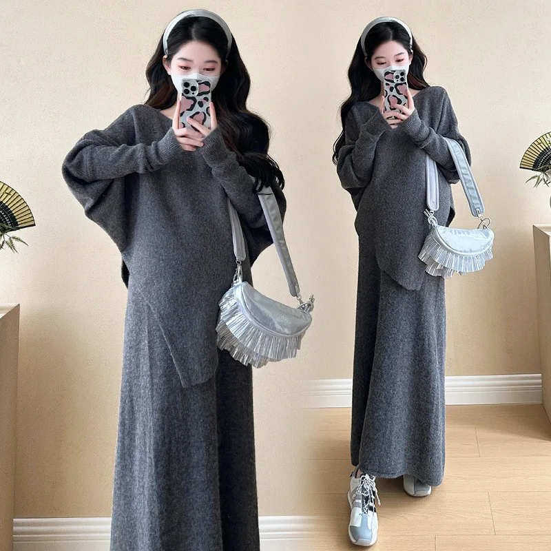 Autumn Maternity Dress Set batwing Sleeve Sweater+ Skirt 2pcs Pregnant Woman Fashionable Set Knitted Top Elegant Skirt Wear