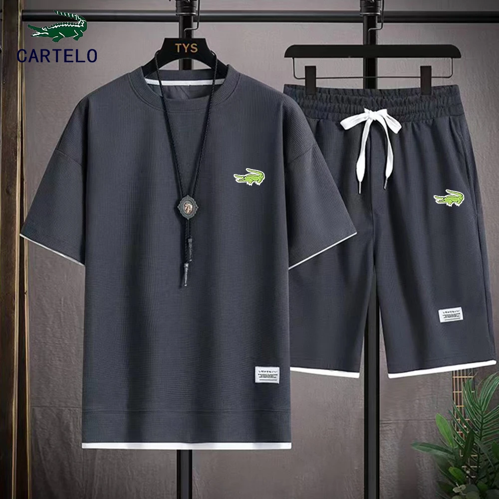 Summer Men's Two Piece Set Waffle Fabric Casual T-Shirt And Shorts Set Mens Sports Suit Fashion Short Sleeve Tracksuit Men Suits