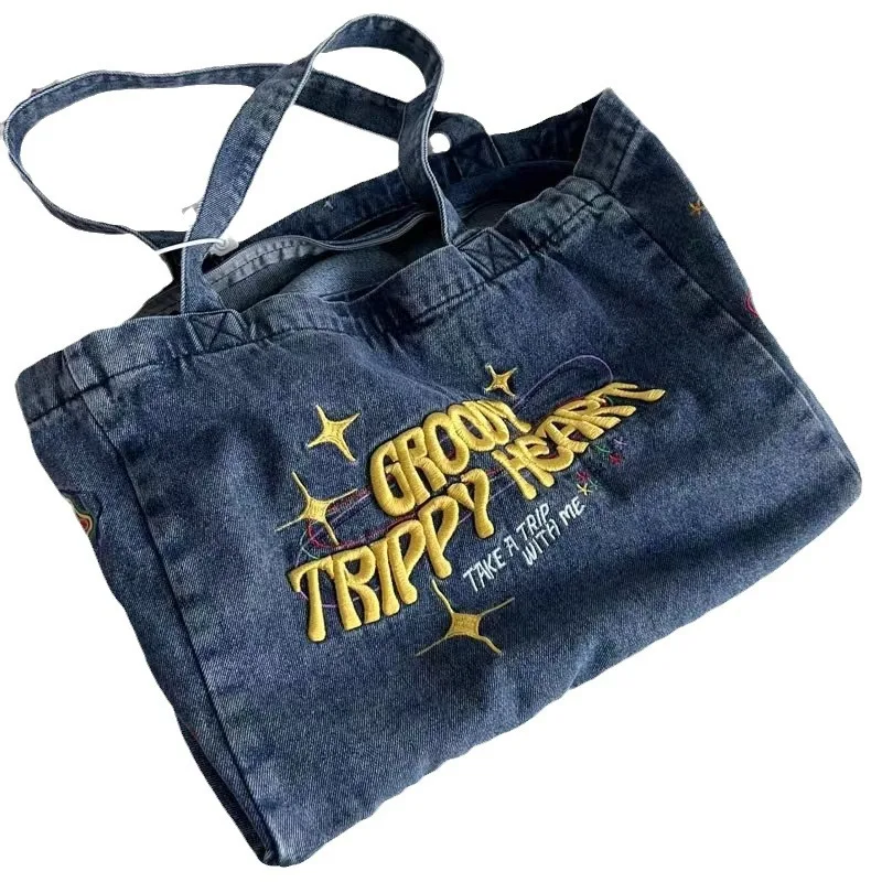 Thai Craftsmanship: Large Capacity Hamblepie GrayEmbroidered Denim Shopping Bag