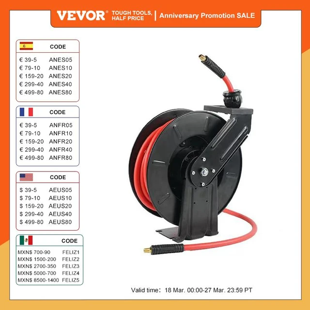 Vevor Retractable Air Hose Reel 3/8 In X 25 Ft Hybrid Polymer Hose