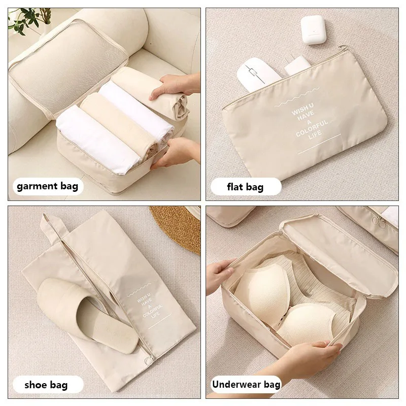 Waterproof Travel Packing Cubes Set with Drawstring Storage Pouches - 8-Piece Luggage Organizer for Clothes, Shoes, Underwear, and Cosmetics