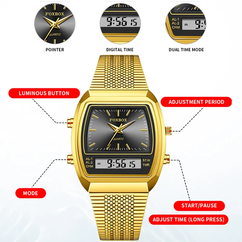 FOXBOX Fashion Ladies Quartz Watch Casual Waterproof Digital Watch For Women Simple Square Stainless Steel Luminous Watch Women