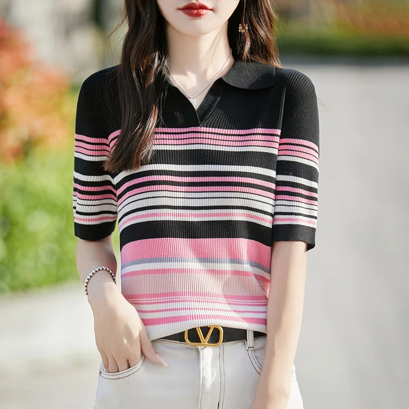 

ZYCZCXX женская футболка с воротником-поло Lyocell Tencel вязаная полосатая футболка 2024 летняя новая облегающая холодная блузка с коротким рукавом для женщин