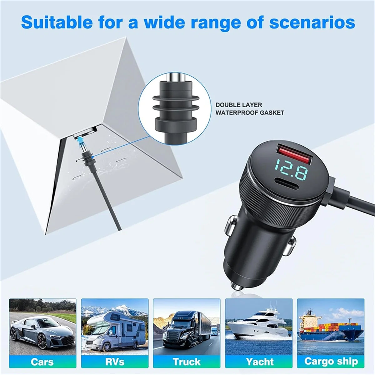 Y02A3-in-1 for Starlink Mini DC Power Cable 65W Fast Charger Type-C USB Socket Cigarette Lighter with LED Voltmeter Display