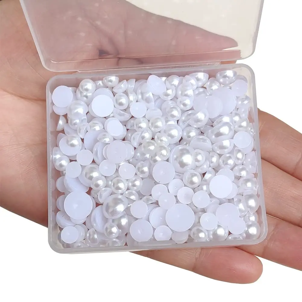 6/8/10mm Flat Back ABS Pearl Half Round Pearls Loose Beads Gems For DIY Craft + Plastic Box