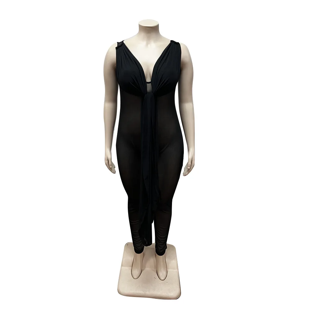 Plus Size Women Jumpsuit Mesh Sleeveless One Piece Outfits 2023 Summer Elegant Jumpsuit Luxury Cloth Fashion Female Pencil Pants