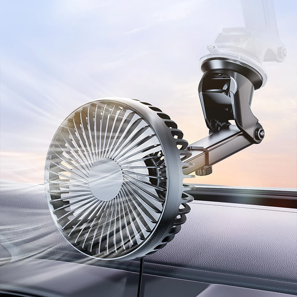 12V/24V Windshield Desk Fan USB Suction Cup Auto Cooler 360 Degree Adjustable Car Dashboard Fan 3 Speeds Mini Car Fan 5