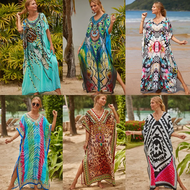 Summer Women Sexy Beach Dress V-Neck Tunic Sarong Swimwear Kaftan Robe Sundress Color Print Bikini Cover Up Oversized Maxi Dress