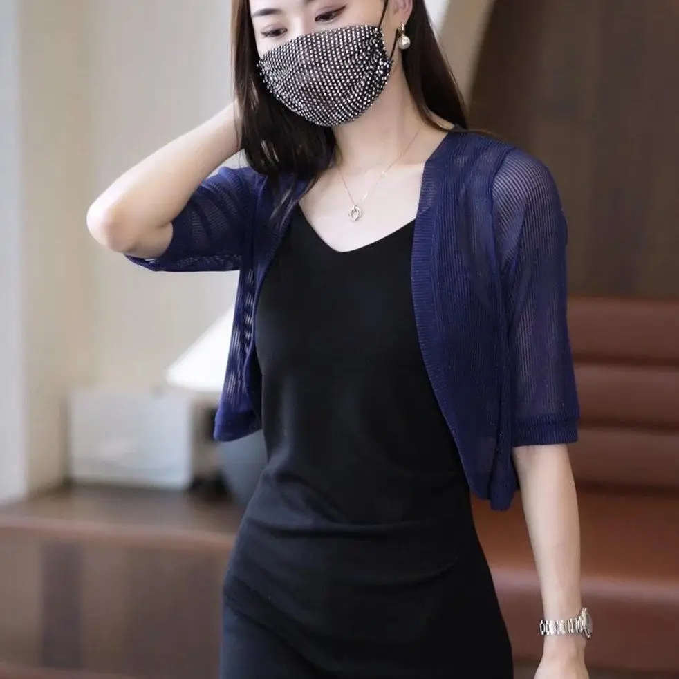 2023 봄 여름 여성 우아한 자른 하프 슬리브 자르기 탑 미니 경량 가디건 어깨 걸이 오픈 프론트 드레이프 가디건