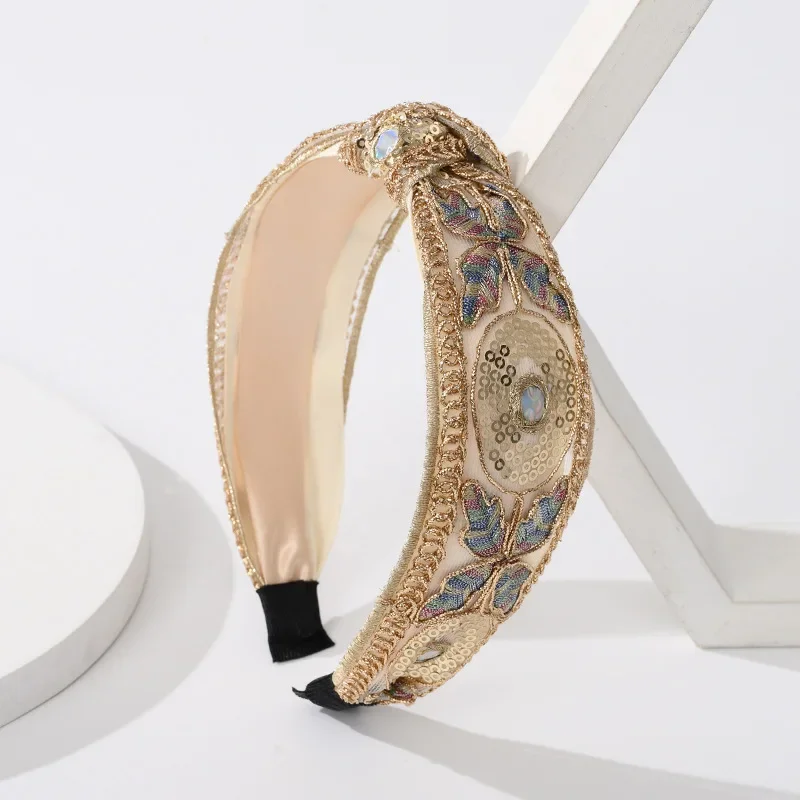

2024Exquisite Vintage Butterfly Sequins Hair Bands for Women Elegant Wide Edge Embroidery Hand Woven Joker Flower Headwear
