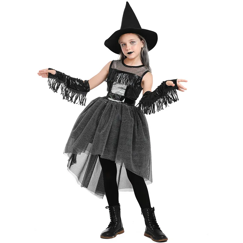 

Children Girls Magic Crow Raven Witch Wizard Robe Stage Dress Hat Set Kids Halloween Role Play Dress Up Cosplay Costume