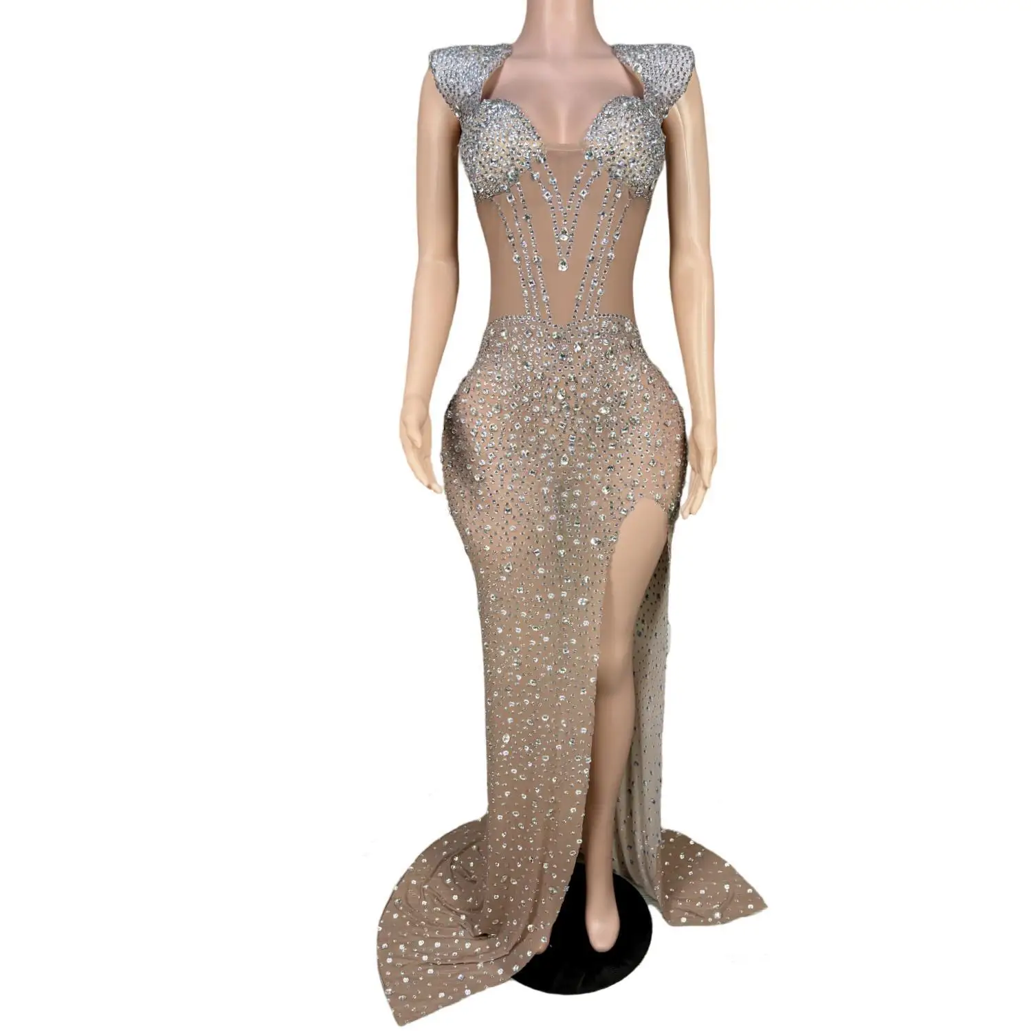 Beka Mesh And Heat Graceful Stone High Slit Dress