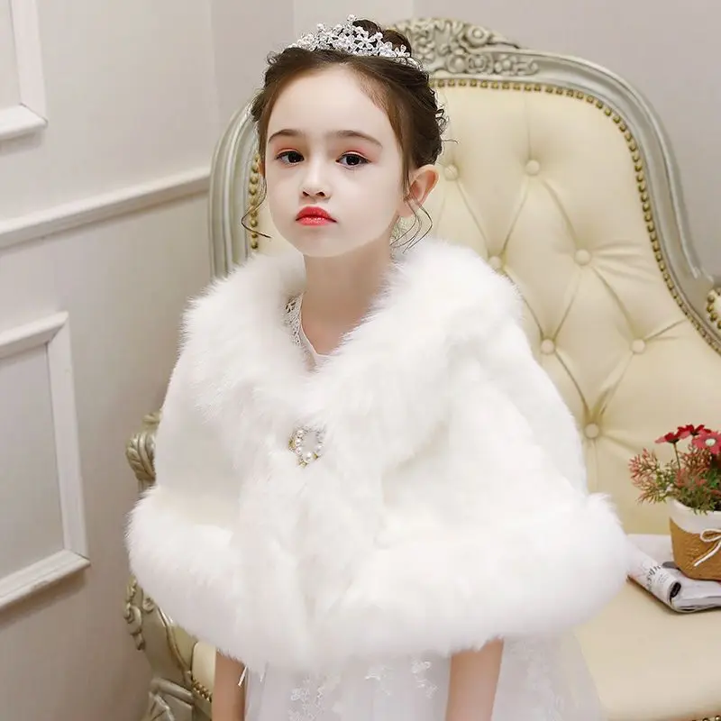Winter Thicker Cloak Girls Kids New Year Costume Warm Children Faux Fur Hooded Shawl Cloak Red White Coat For Girls Kids 3-13T