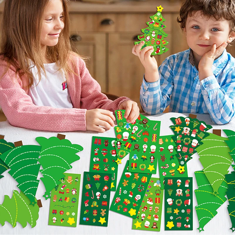 24 Sets Christmas Tree DIY Craft Kit - Create Your Own Holiday Greeting Cards with Stickers, Perfect for Xmas Party Kids Gift