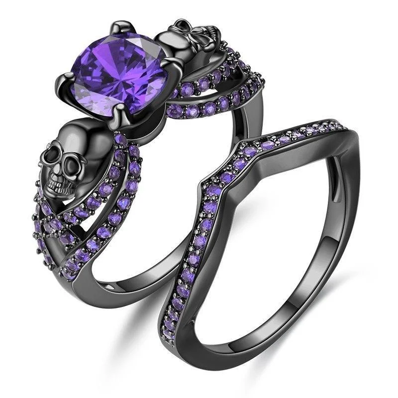 Gothic Skull Rings Red Purple Crystal Ring Cocktail Party Halloween Biker for Women Christmas Gifts
