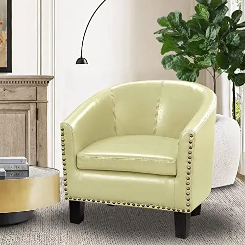 

Club Style Barrel Armchair For Living Room, Standard, Creamy Faux Leather Bag chair Plywood chair Butacas y sillones para dormit