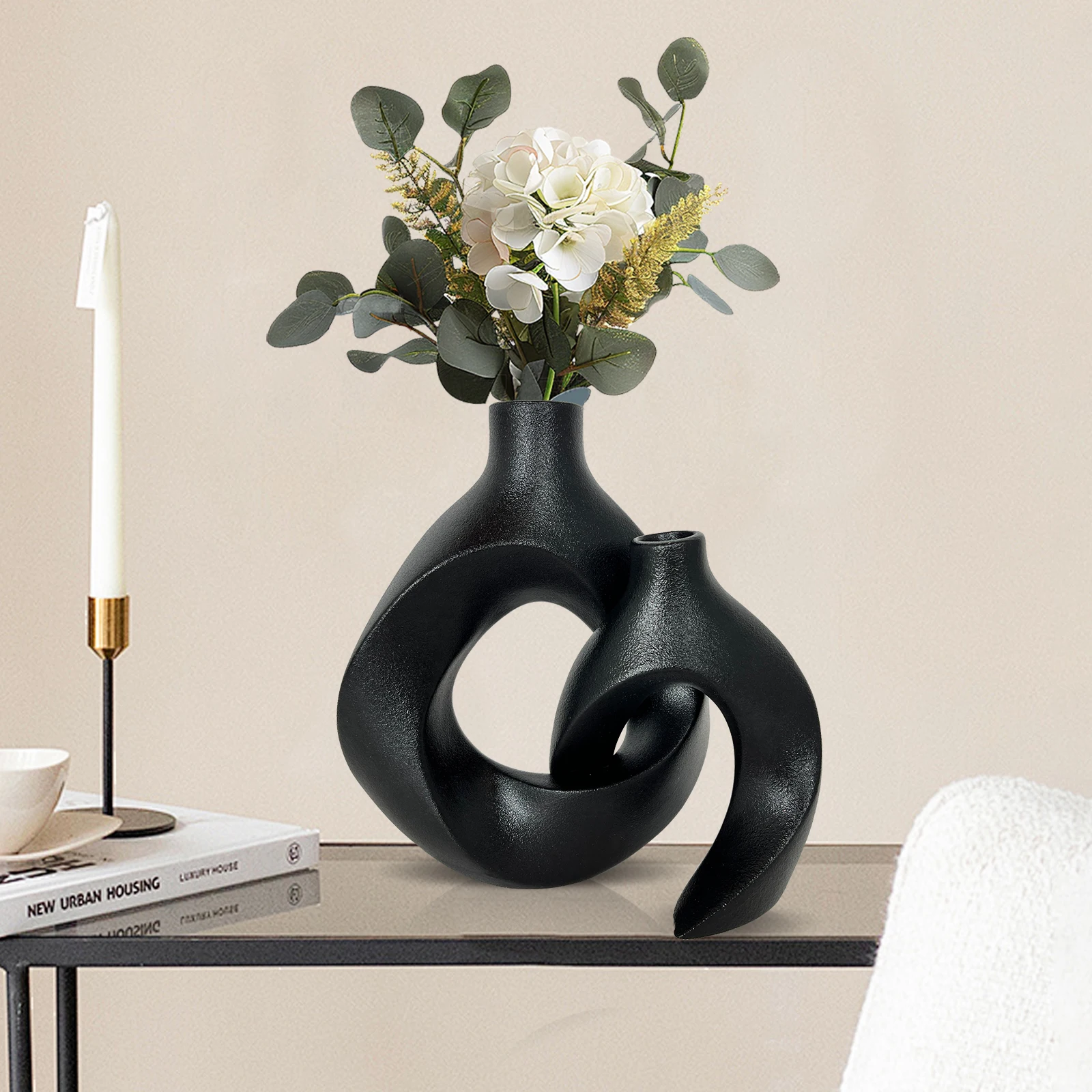 Black Ceramic Vase Set of 2 - Modern Minimalist Vases for Room ...