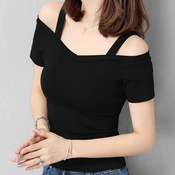 Fashion Sexy Casual Off-Shoulder Suspenders Short-Sleeved T-Shirt For Women 1