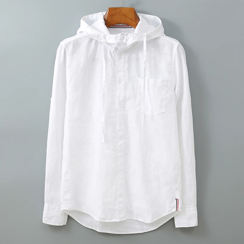 Pure Linen Men Long Sleeve Hooded Shirt 