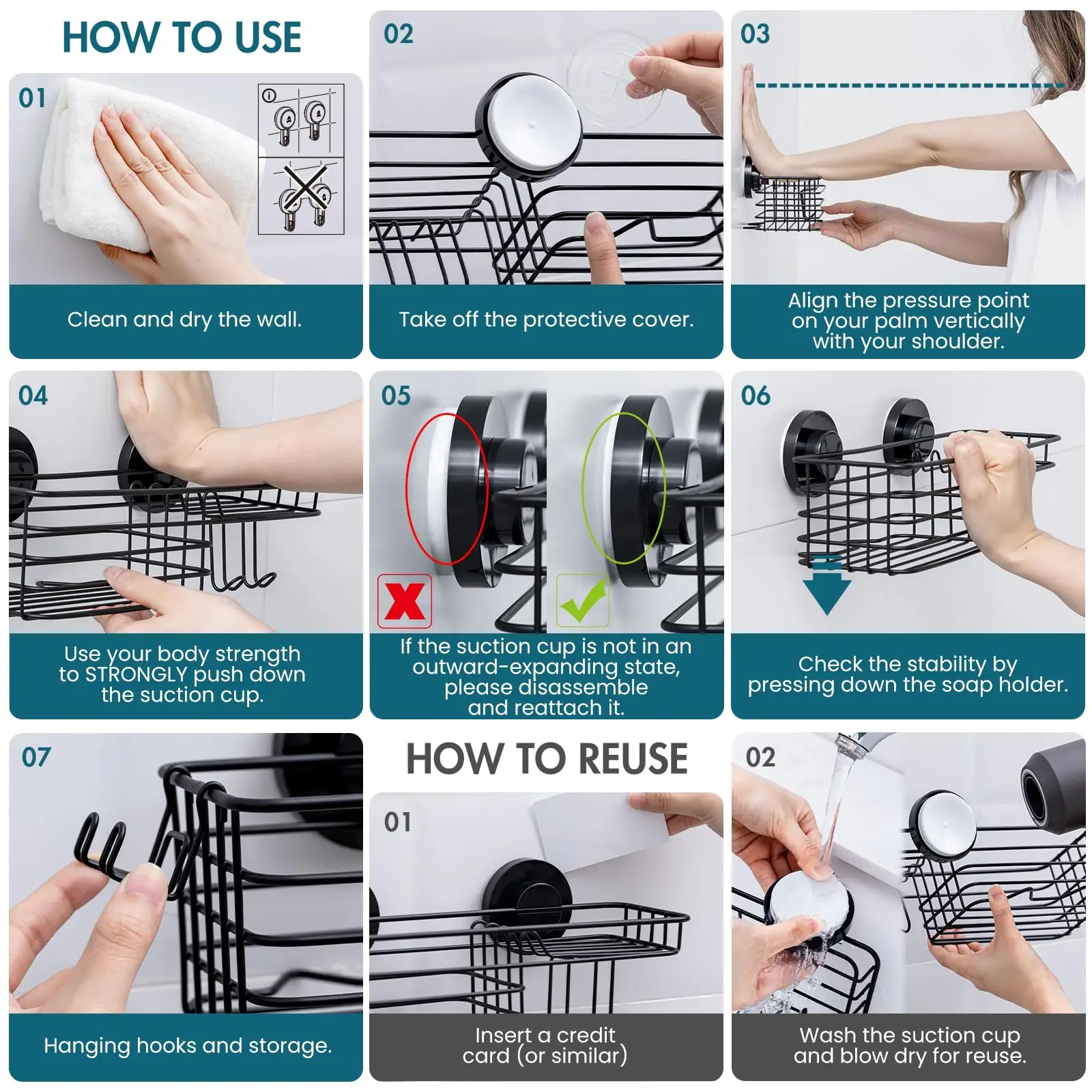 Shower Shelf TAILI Shower Caddy Suction Cup with Hooks & Soap holder Heavy Duty Bathroom Shower Organizer No Drilling Kitchen Shelf storage rack