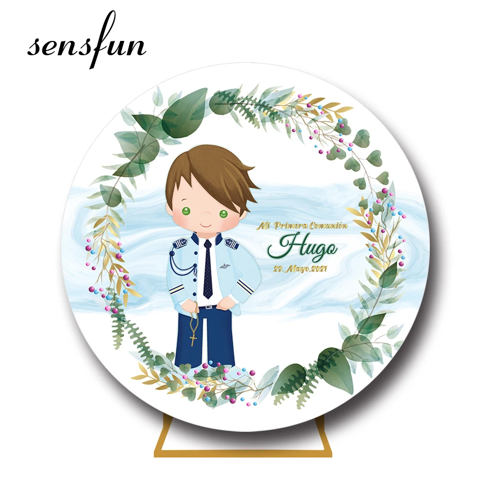 

Круглая задняя крышка Sensfun Mi первоклассный комьюн с зелеными листьями крестом голубым мальчиком фон для крещения для фотостудии эластичный