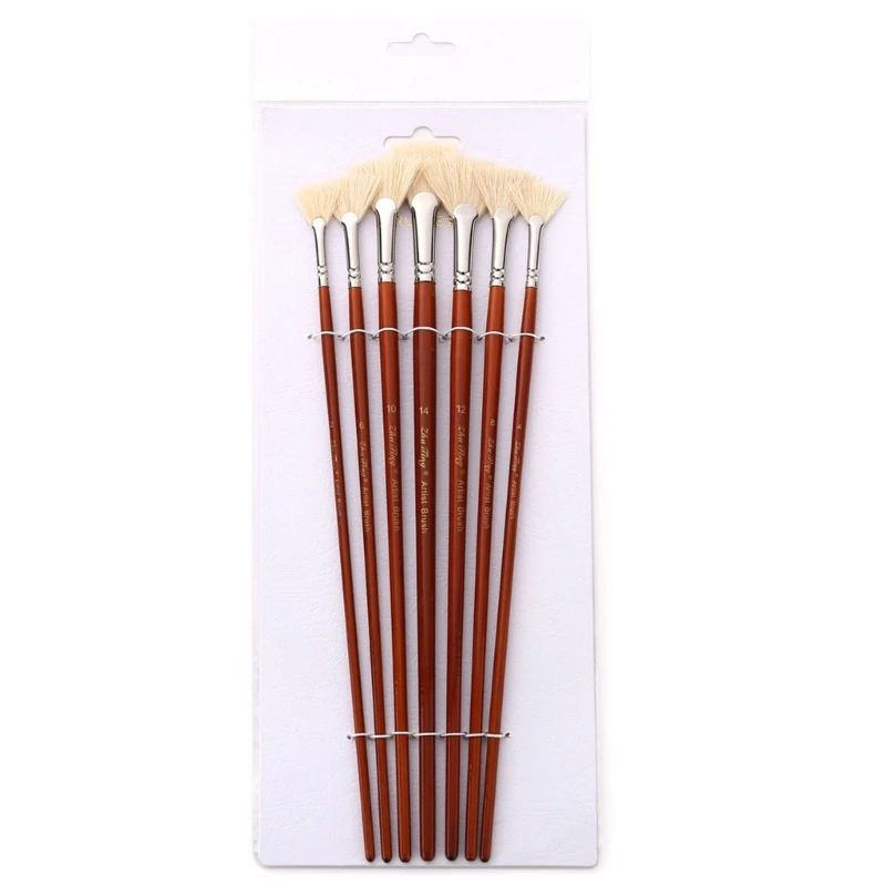 

Set of 7Pcs Artist Fan Paint Brush Wood Handle Hog Bristle Hair Anti-Shedding Brush for Acrylic Watercolor Oil Painting