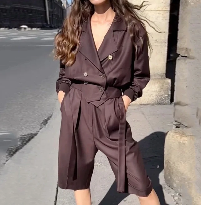 

Sets for Women 2 Pieces 23023 Autumn New Lapel Elegant Long-Sleeved Top and Fashion High Street Long Sleeve Mid Pants Suit