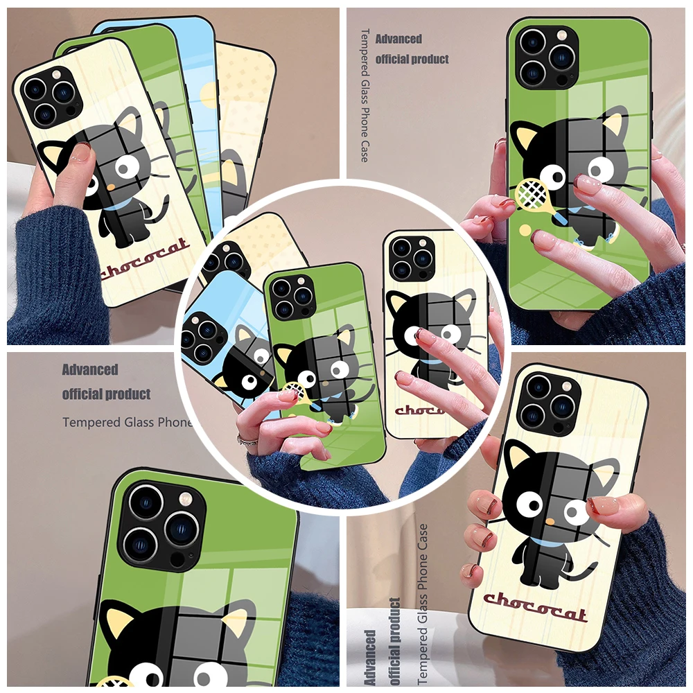 Cartoon Black Cat Chococates Custodia Per Telefono In Vetro Temperato Per Iphone 14 13 11 12 Pro 8 7 Plus X 13 Pro Max Mini Cover