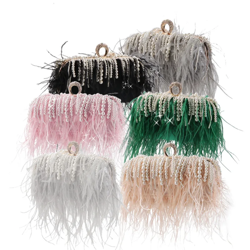 

SHINE New Ladies Ostrich Hair Evening Party Clutches with Pearls Tassel Pure Color Vintage Designer Luxury Women Box Bag