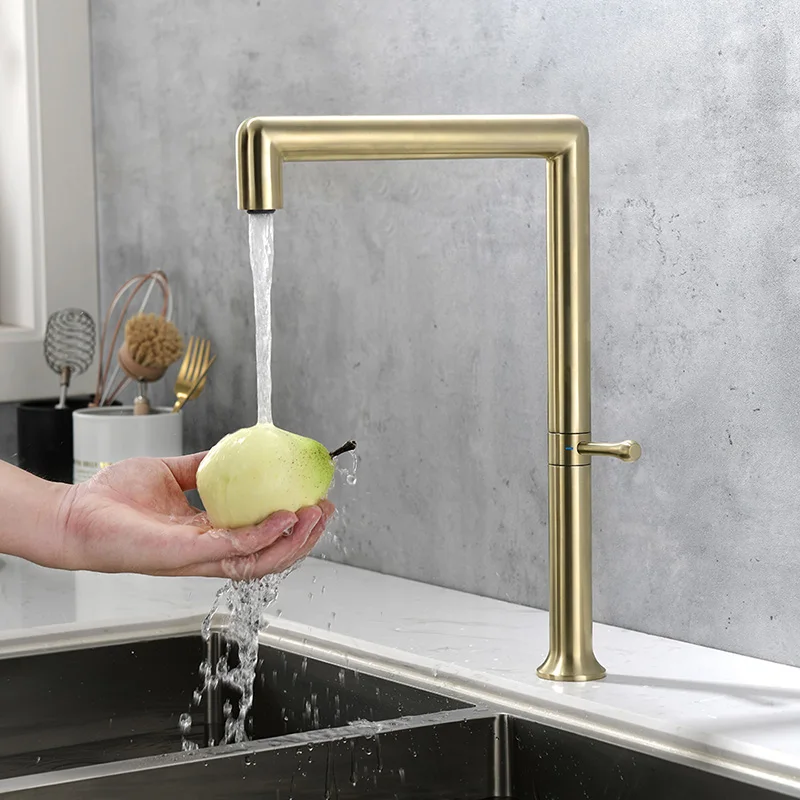 Brushed Gold Kitchen Sink Faucet Deck Mount Rotatable Water Mixer Tap Stainless Steel Brushed Kitchen Faucet