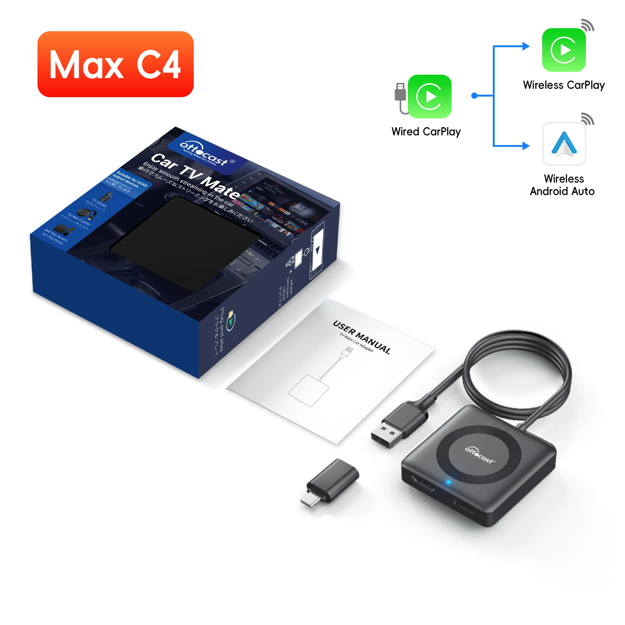 OTTOCAST Car TV Mate Max C4 HDMIワイヤレスCarPlay Android Auto
