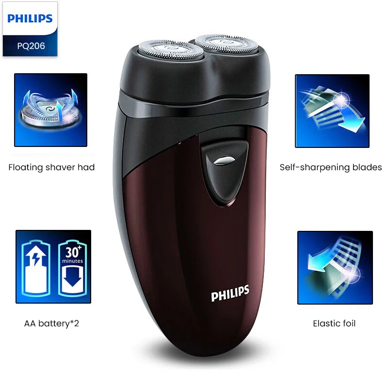 Philips PQ206 Electric Shaver AA Battery Powered, Floating Heads Self-Sharpening Blades Shaving Machine