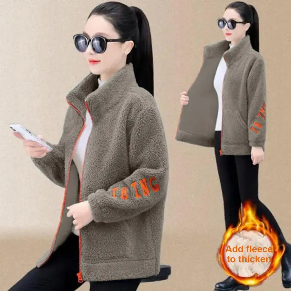 

Lady Fall Winter Coat Thick Fleece Solid Color Long Sleeve Stand Collar Letter Pattern Pockets Mid Length Zipper Closure Cardiga