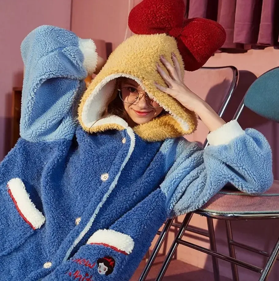 Disney Snow White Princess Kigurumi Pajama Set Winter Lady Cosplaly Nightgown Home Suit Hooded Cartoon Nightdress Pijama