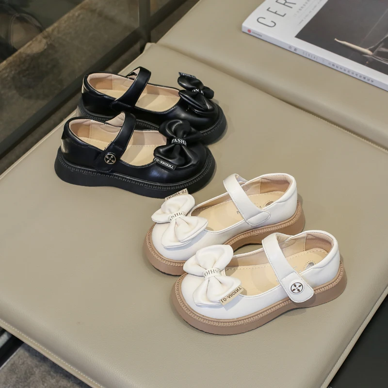 Kids Leather Shoes for Girls Round-toe Bow Hook & Loop Spring and Summer Thick Bottom Soft Princess Shoes Simple Non-slip