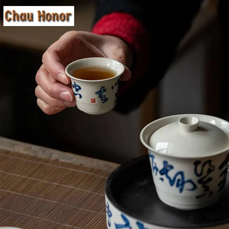 2pc/lot Plant Ash Glaze Japanese Hand-painted Tea Poem Master Cup Small Tea Bowl Kungfu Teaset Tea Ceremony Customized 35ml