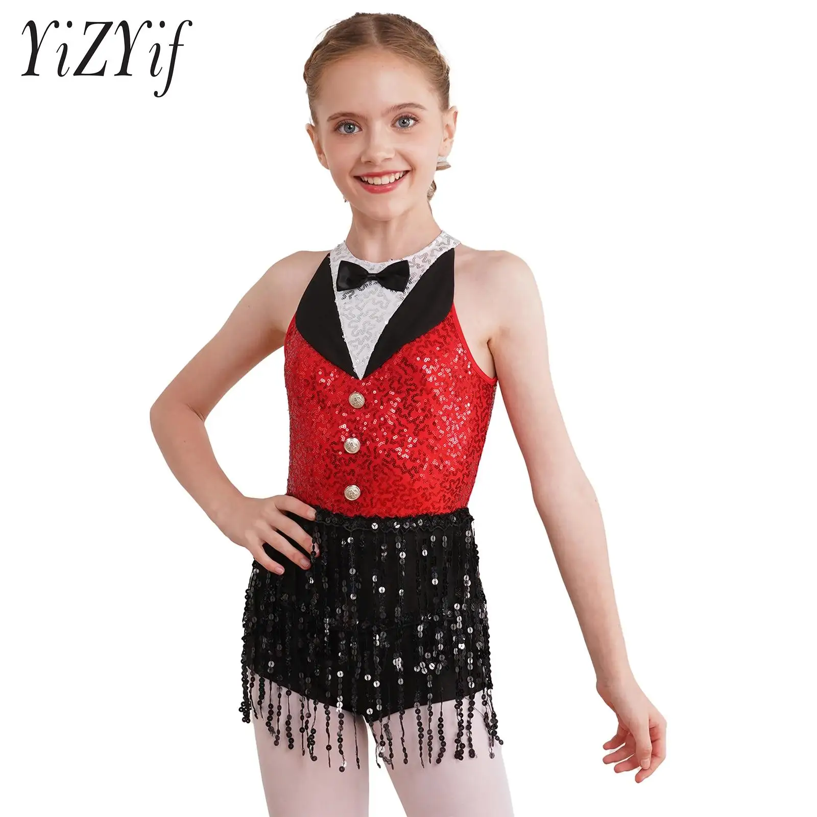 

Kids Girls Sequin Dance Dress Sleeveless Back Keyhole Boyshorts Sequin Tassel One-Piece Latin Jazz Dancewear Stage Wear