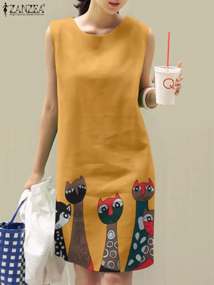 

Сарафан ZANZEA женский с круглым вырезом, модный винтажный наряд без рукавов, стильное платье оверсайз для работы и отдыха, лето 2024