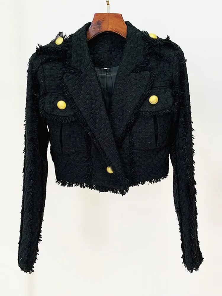KBQ Spliced Raw Hem Elegant Short Blazer For Women Notched Collar Long Sleeve Patchwork Buttons Solid Skinny Blazers Female New