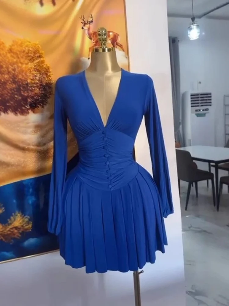 Wmstar Dresses Women Wholesale Solid Women's Pleated Deep V Neck Long Sleeved Dress with A New Style Skirt Women Clothing