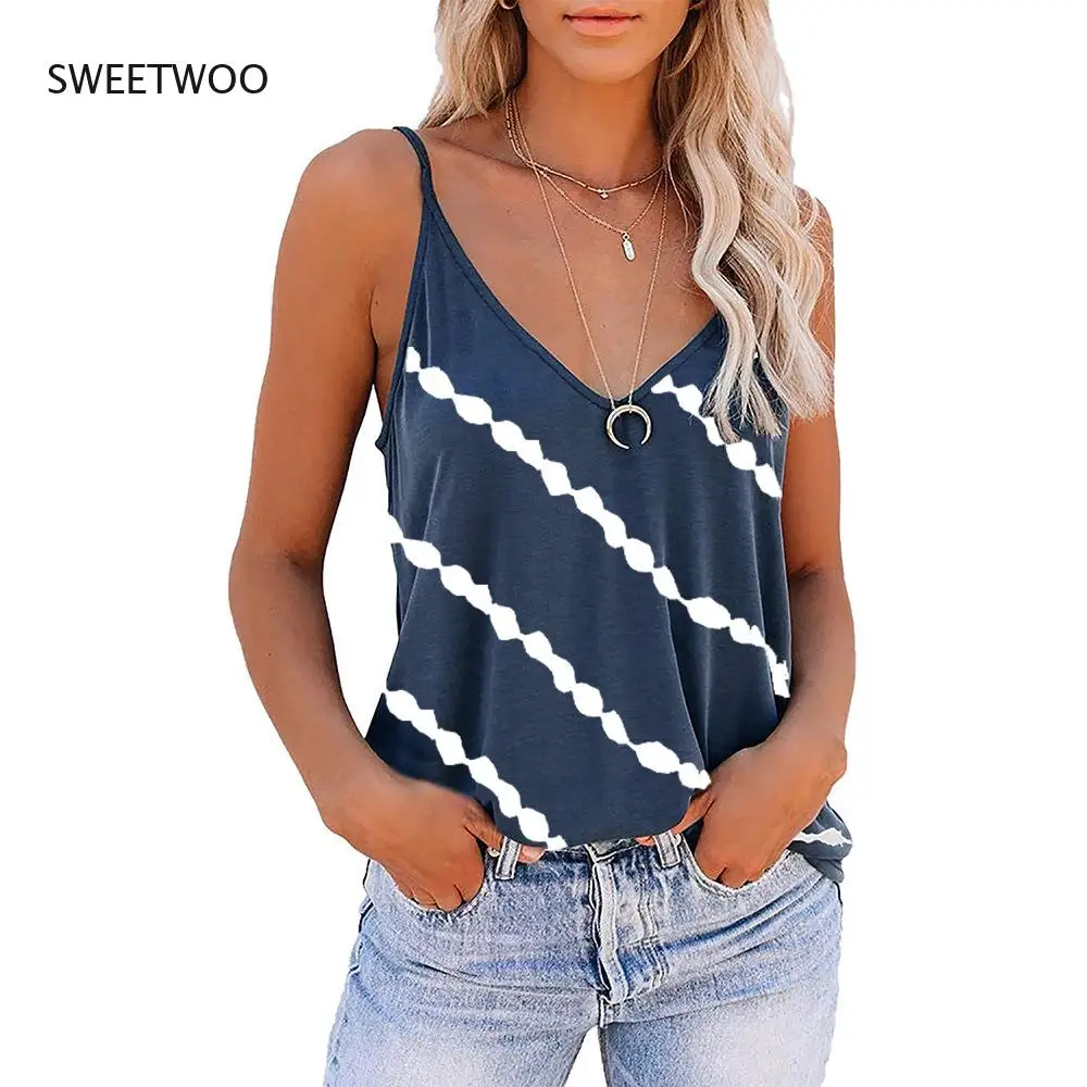 

Summer Casual Pink Striped V-neck Vest Women Y2K Clothes Spaghetti Strap Backless Loose Tee Tops Lady Tanks 2022