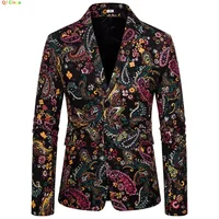 Black Men's Printed Suit Jacket, Single Breasted Cotton Linen Casual Coat, V-Neck Long Sleeve Blazers, Fall Breathable Top 1