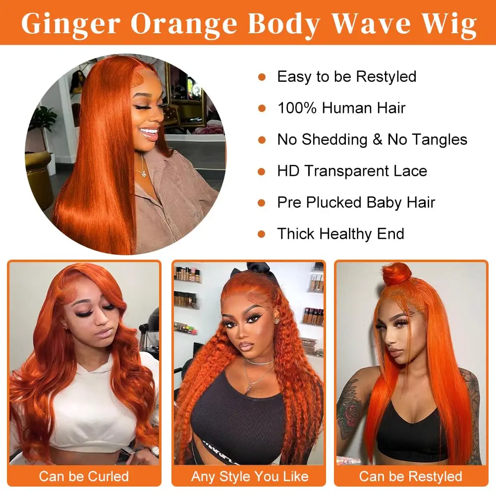 16 Inch Ginger Orange Bob wig Human Hair 350 Bob Wig 13x4 HD Transparent Lace Frontal Wigs Human Hair 200% Density