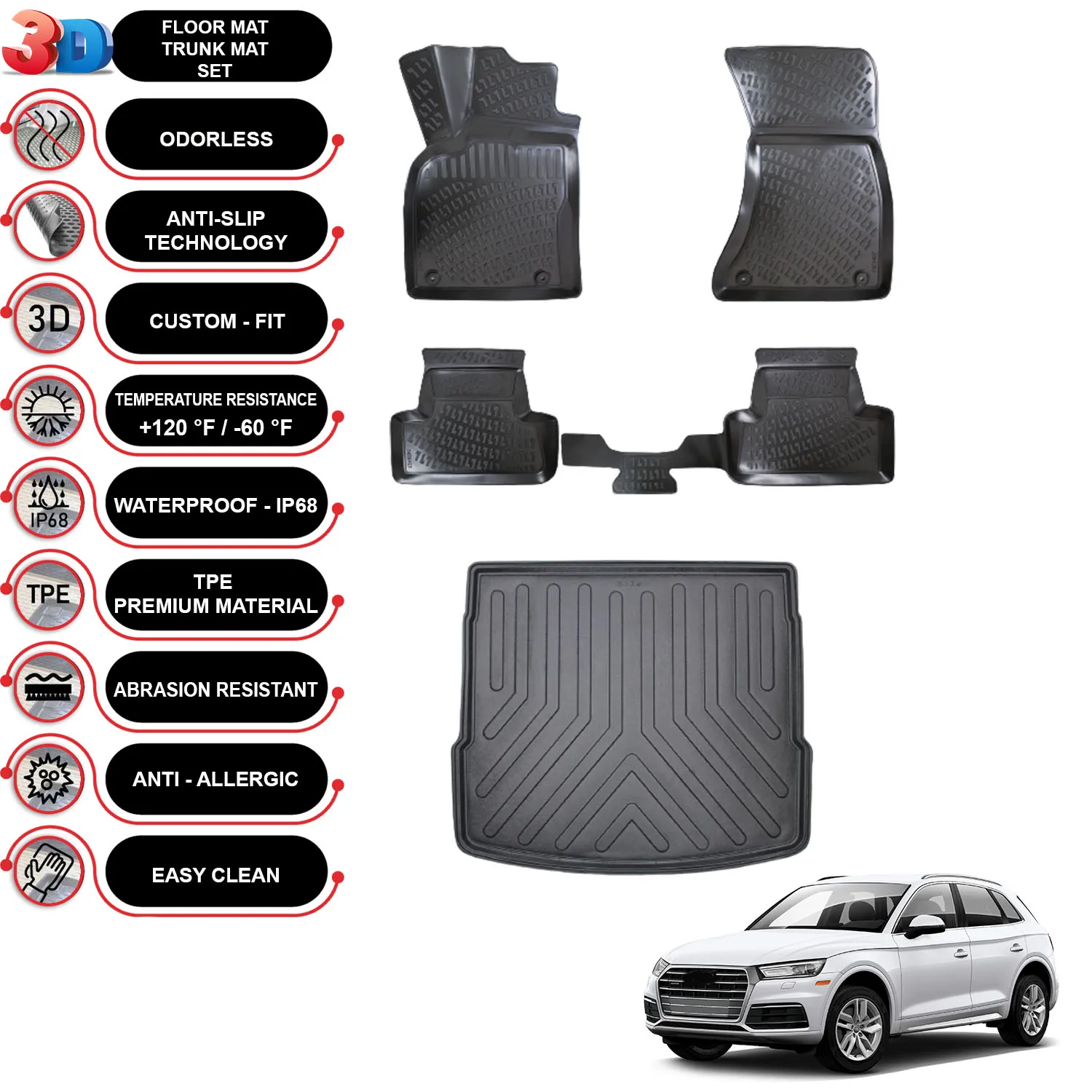 

Audi Q5 - (2018-2023) - Floor Mats + Cargo Trunk Liner - SET - (Black)