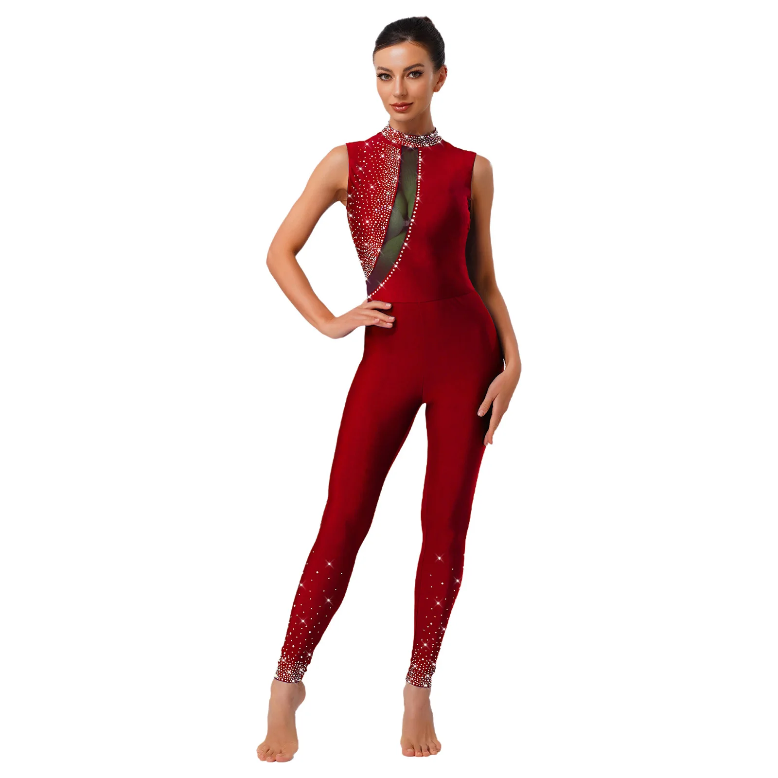 Frauen Erwachsene Gymnastik Ballett Tanz Trikot Künstlerische Eiskunstlauf Kostüm Glänzende Strass Tanz Training Unitards Overall – Detail 33