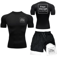 Men's Custom Printed Gym Compression Set - Quick Dry Workout Shirt & Breathable Athletic Shorts | Performance Rashguard Suit for Training