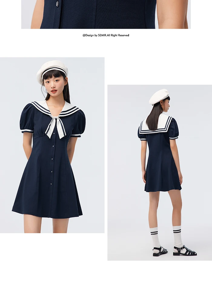 Vestido de verano para mujer, con mangas abullonadas, dulce, nuevo, con temperamento en contraste, cuello azul marino, vestido de primer amor, estilo academia.