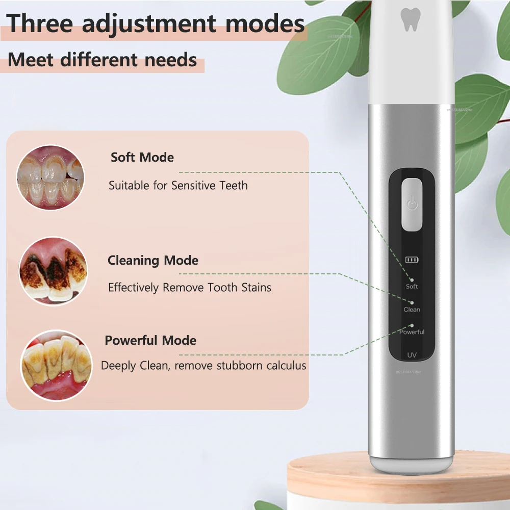 An electric toothbrush with three cleaning modes for different dental needs, featuring uv sterilization and ultrasonic technology for gentle on gums plaque removal.