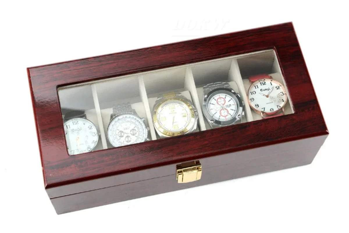 Wood piano painted watch box Lovers watch storage box Red wood glass skylight display